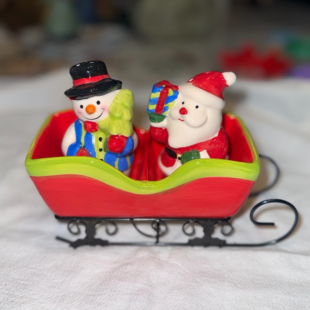 Festive Red and Green Santa and Snowman Sleigh